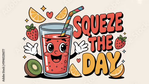 Cartoon fruit smoothie character with smiling face and colorful straw surrounded by slices and fruits