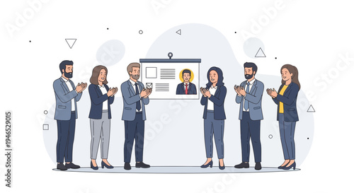 Business team applauds successful presentation on screen with employee profile