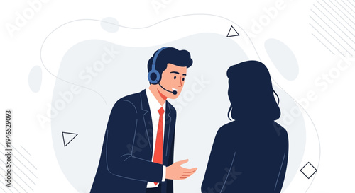 Customer service agent with headset talking to client, business support concept
