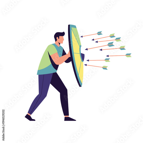 Man Holding Shield Defending Against Arrows - Protection and Resilience Concept