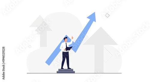 Businessman standing on steps with rising arrow graph, business growth concept