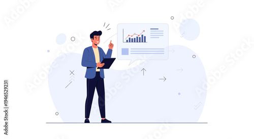 Man presenting business growth chart, data analysis, financial success, strategy concept