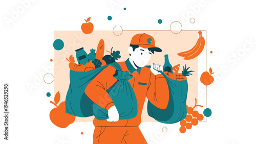 Un ilustrador vectorial de un chico de reparto sonriente con un paquete en mano, listo para entregar en un entorno urbano de España, con un diseño plano y moderno.