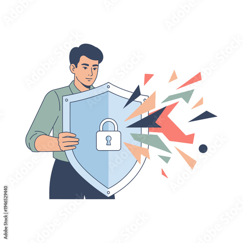 Man holding shield with padlock protecting against digital attack, data security concept
