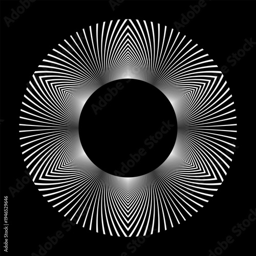 Abstract Radial Geometric White Circle Pattern for Decorative Round Frame on Black Background. 