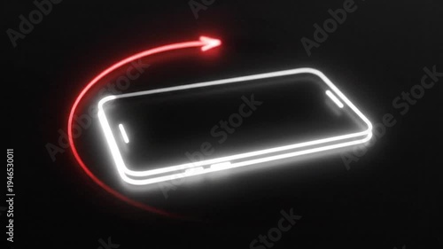 Glowing Smartphone Rotating on Black Background with Red Arrow Indicator