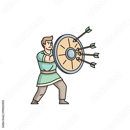 Warrior with Shield Defending Against Arrows