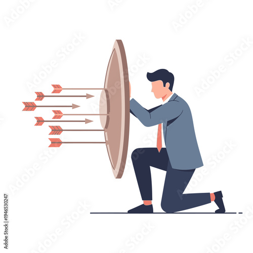 Businessman Defending Against Arrows with Shield, Security Concept