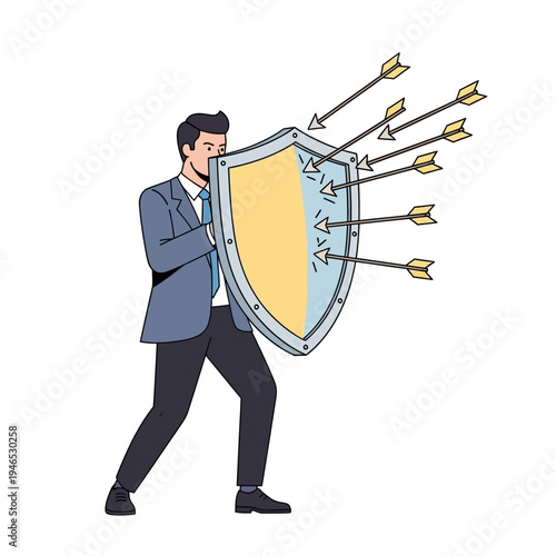 Businessman Defending Against Arrows with Shield - Security and Protection Concept
