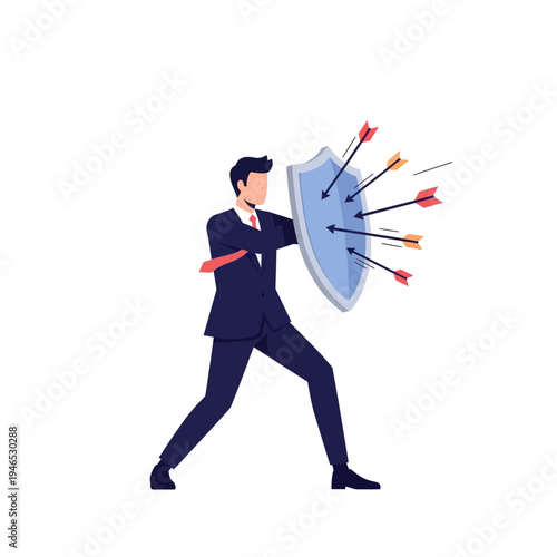 Businessman defending against attacks with shield, concept of security and protection