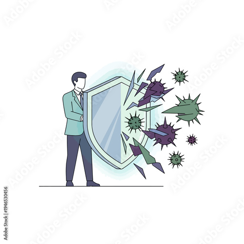 Businessman defending against virus attack with shield, concept of protection and immunity