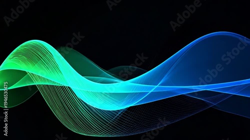 Abstract glowing green and blue light waves flowing across a black background in a graceful digital motion