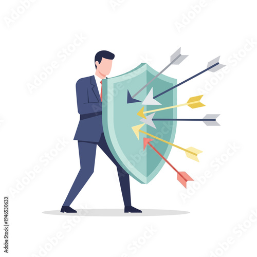 Businessman holding shield defending against incoming arrows - business protection