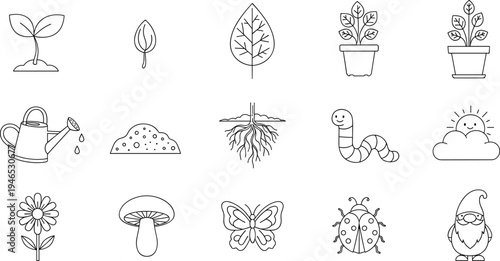 Collection of hand-drawn garden elements including vegetables, plants, and tools in a simple line art style