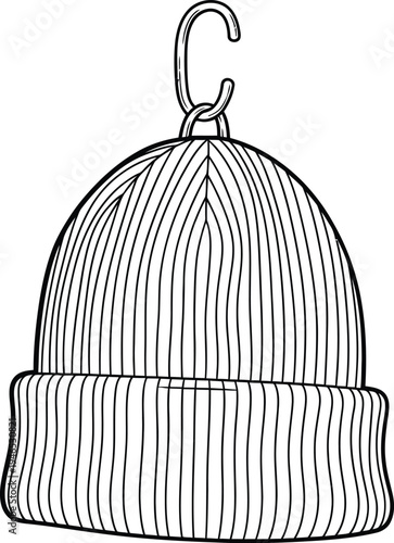 Detailed illustration of a ribbed beanie hat on a hook
