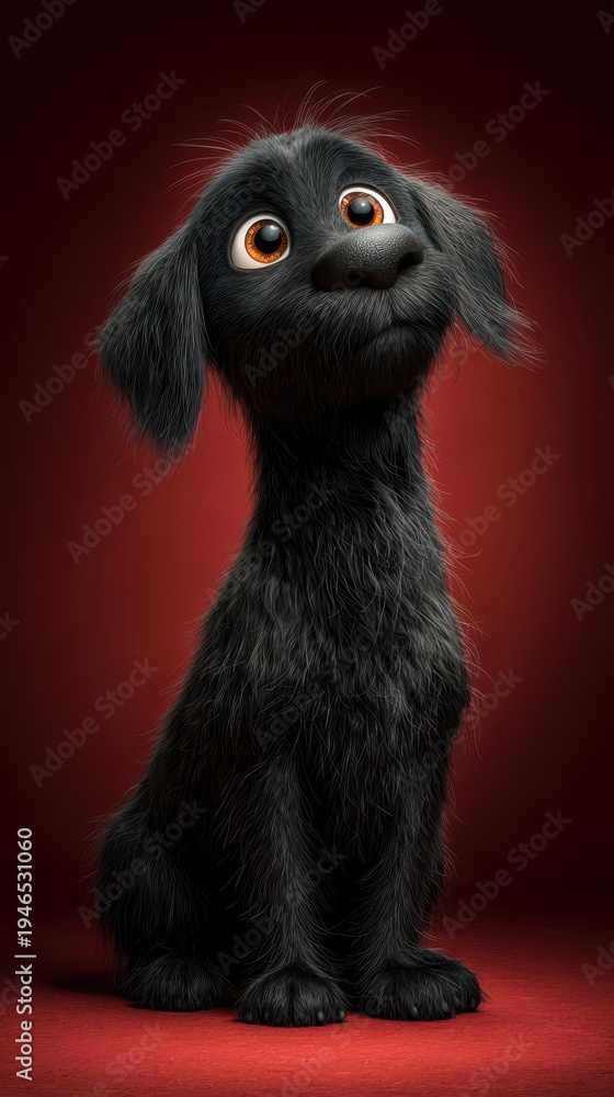 Obraz premium Cartoon Black Dog Character Sitting on Dark Background.