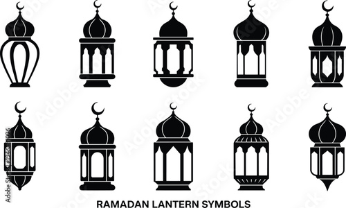Ramadan lantern silhouette symbols collection with traditional Islamic hanging lamps isolated on white background for Eid Mubarak decoration and Arabic vector design