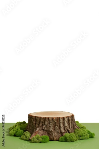 Wooden stump with moss on green surface isolated on a transparent background