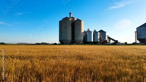 A scenic view of silos amidst a golden wheat field under a clear blue sky.