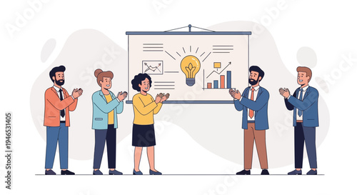 Business team applauds successful presentation with lightbulb idea on screen