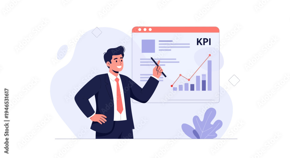 Obraz premium Businessman presenting KPI chart with rising graph and bar chart on screen