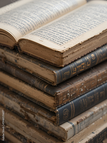 A pile of ancients
 Jewish Talmud and Gemara books was photographed in Israel. placed on top of each other in a close-up shot