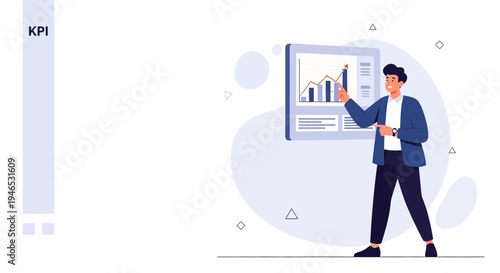 Man presenting KPI growth chart on screen, business analytics and success concept