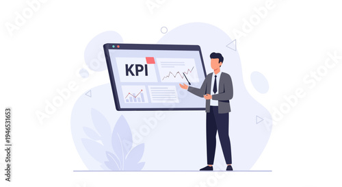 Businessman presenting KPI dashboard with charts and graphs on a screen