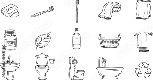 Collection of eco-friendly cleaning supplies and tools in a doodle art style