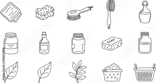 Collection of hand-drawn icons representing sustainable living and eco-friendly products