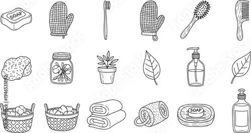 Collection of hand-drawn cleaning supplies and household items in a doodle style