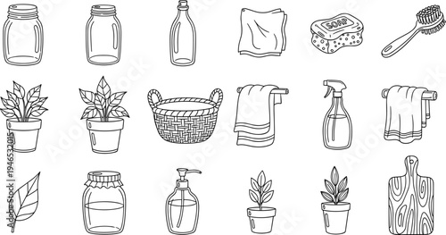 Collection of hand-drawn bathroom and hygiene essentials with a natural theme