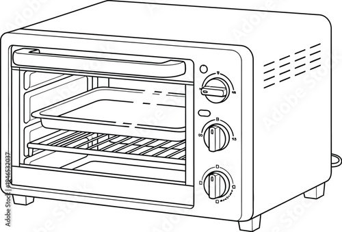 Detailed line drawing of a compact toaster oven with open door and control knobs
