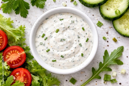 Wallpaper Mural Freshly Prepared Herb Yogurt Dip With Vegetables And Natural Presentation. Homemade Creamy Yogurt Herb Dip Decorated With Fresh Vegetables And Rustic Plating Style Torontodigital.ca