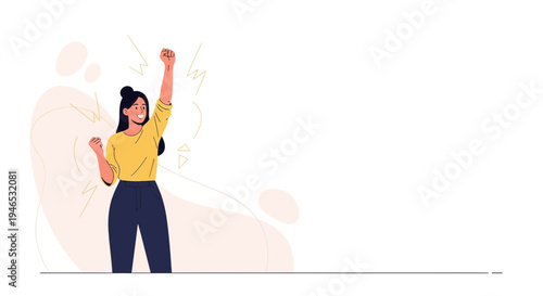 Woman celebrating success with raised fists, vector illustration