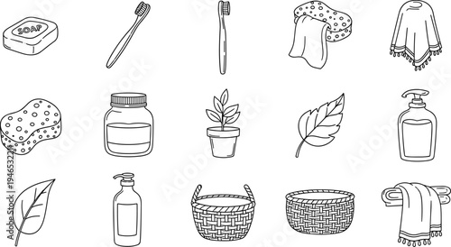 Collection of hand-drawn cleaning supplies and household items in a doodle style