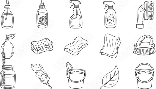 Collection of hand-drawn icons representing eco-friendly and sustainable lifestyle items