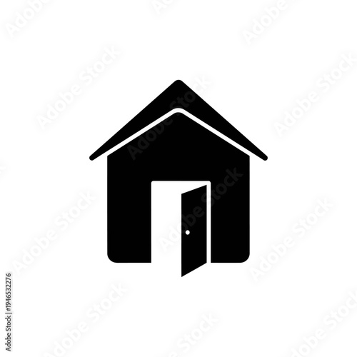 Minimalist Black House Icon with Open Door Symbol