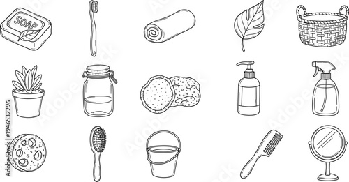 Collection of hand-drawn icons representing various cleaning supplies and tools for household chores