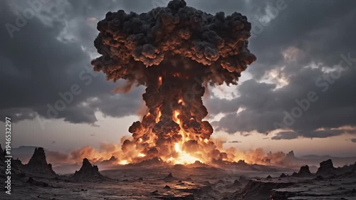Massive Nuclear Explosion Mushroom Cloud, Post-Apocalyptic Landscape