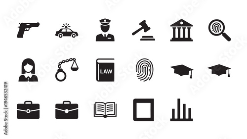 Justice icons set with pistol, police car, judge, courthouse, fingerprint and other symbols of law. featuring gun, policeman, gavel with building and