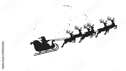 Santa Claus in sleigh pulled by reindeer silhouetted against a large, textured full moon on a white background.