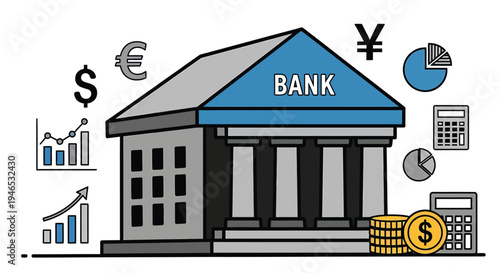 Bank Building with Financial Symbols.