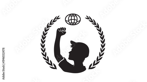 Silhouette of a person with a raised fist and a globe emblem surrounded by laurel leaves, symbolizing triumph and global unity.