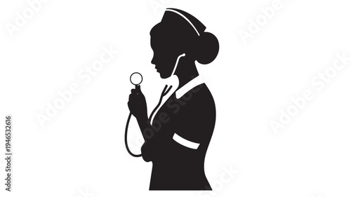 Nurse silhouette with stethoscope in black and white, a classic symbol of healthcare and medical professionals.