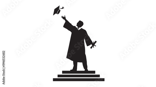 Graduation silhouette of a student tossing their cap in the air while holding a diploma on a set of steps.