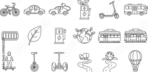 Collection of eco-friendly transportation and green energy icons for sustainable living