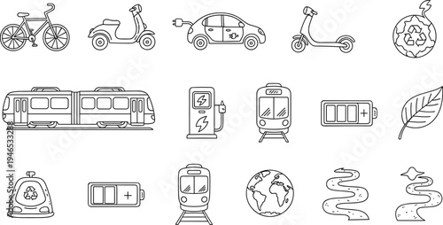 Collection of hand-drawn icons representing eco-friendly transportation and energy sources