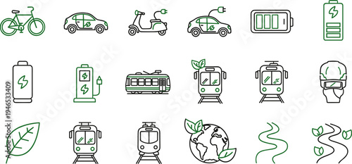 Collection of eco-friendly transportation and energy icons in a doodle style
