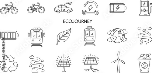 Collection of eco-friendly transportation and energy icons with green accents